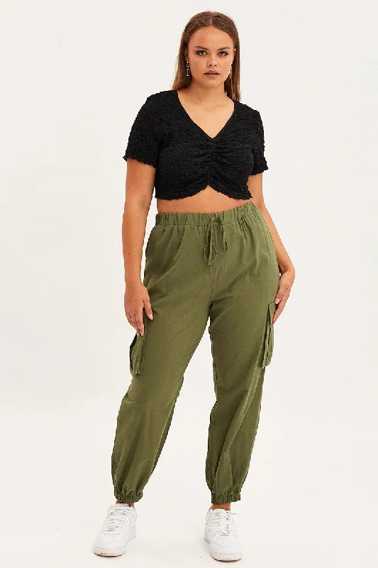 Green Cargo Pants Elastic Waist Cotton Flap Pocket