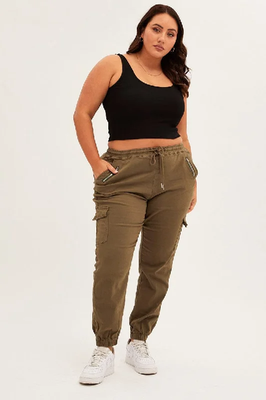 Green Cargo Pants Mid Rise Out Pocket