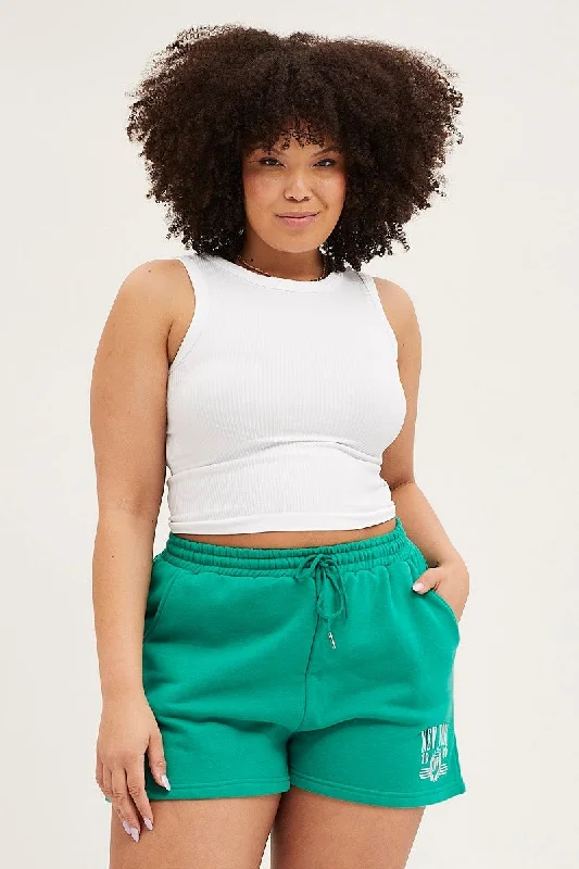 Green Track Shorts High Rise Elastic Waist