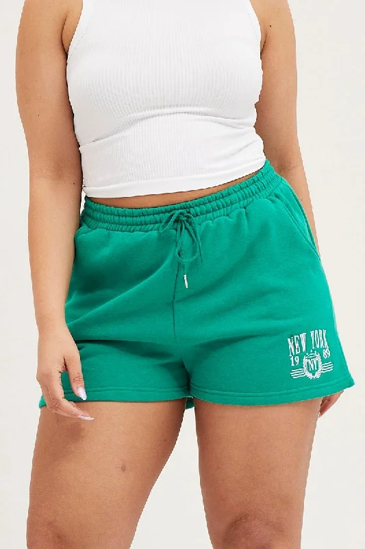 Green Track Shorts High Rise Elastic Waist