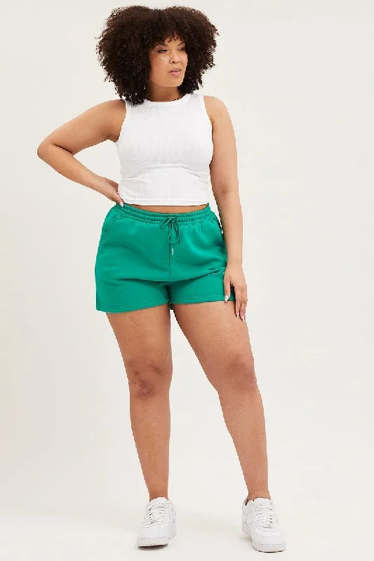 Green Track Shorts High Rise Elastic Waist