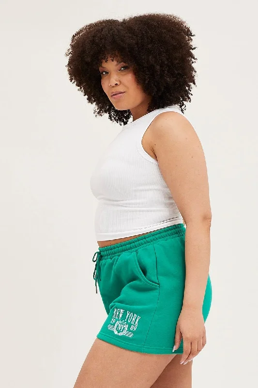 Green Track Shorts High Rise Elastic Waist