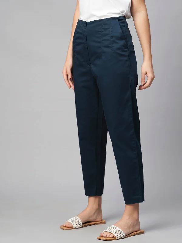 Women's Navy Cotton Elastane Slim Fit Pant