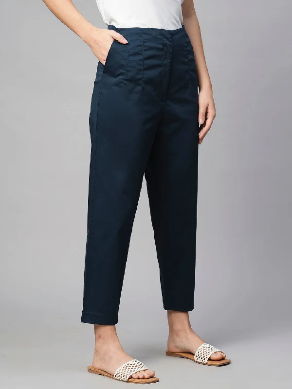 Women's Navy Cotton Elastane Slim Fit Pant