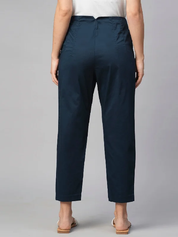 Women's Navy Cotton Elastane Slim Fit Pant