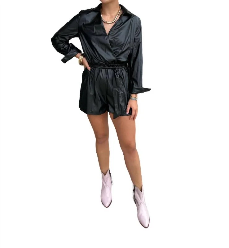 Roni Faux Leather Romper In Black